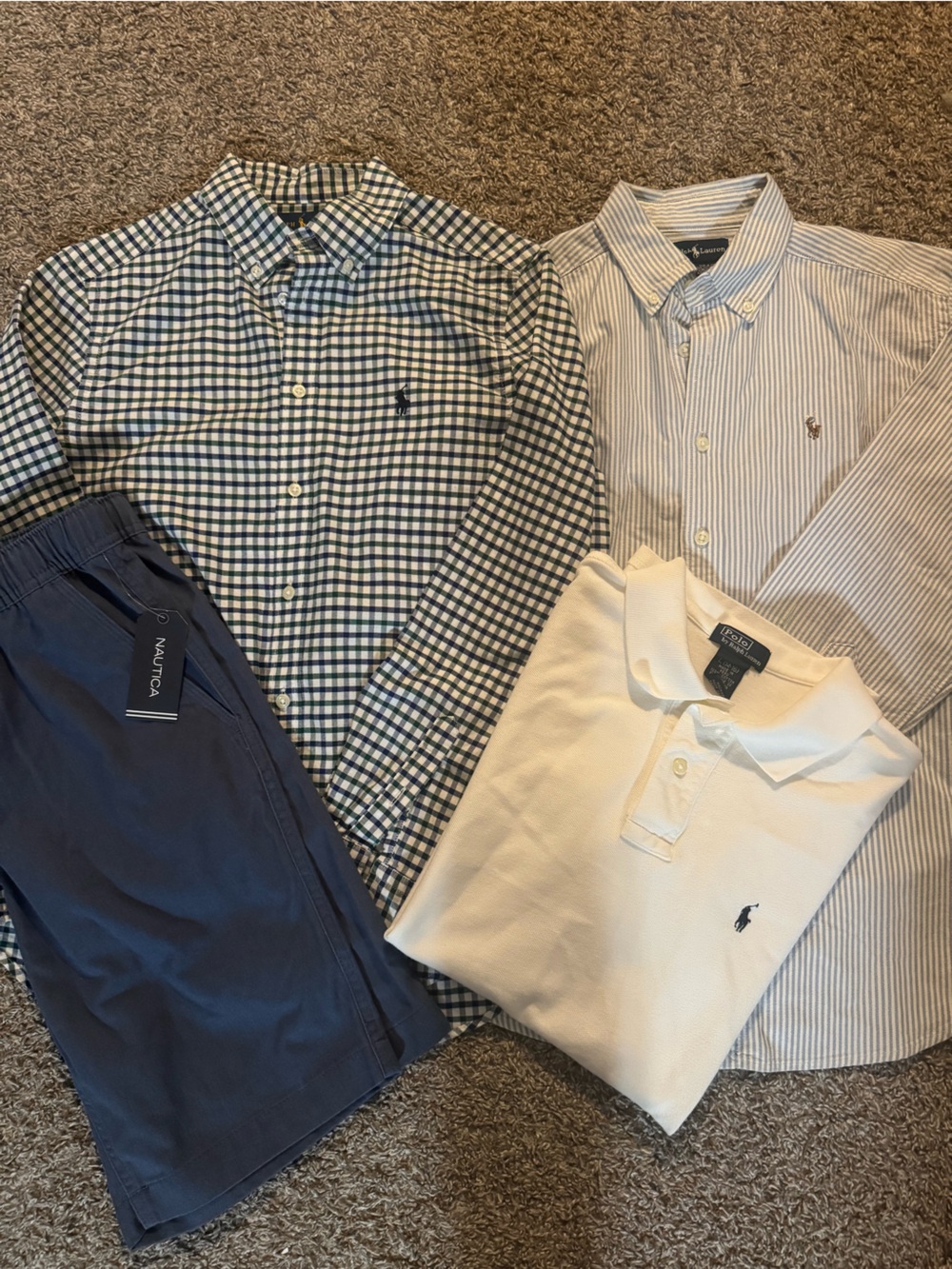 Ralph Lauren White Polo & Blue Plaid Button-Down Shirt bundle with NWT shorts